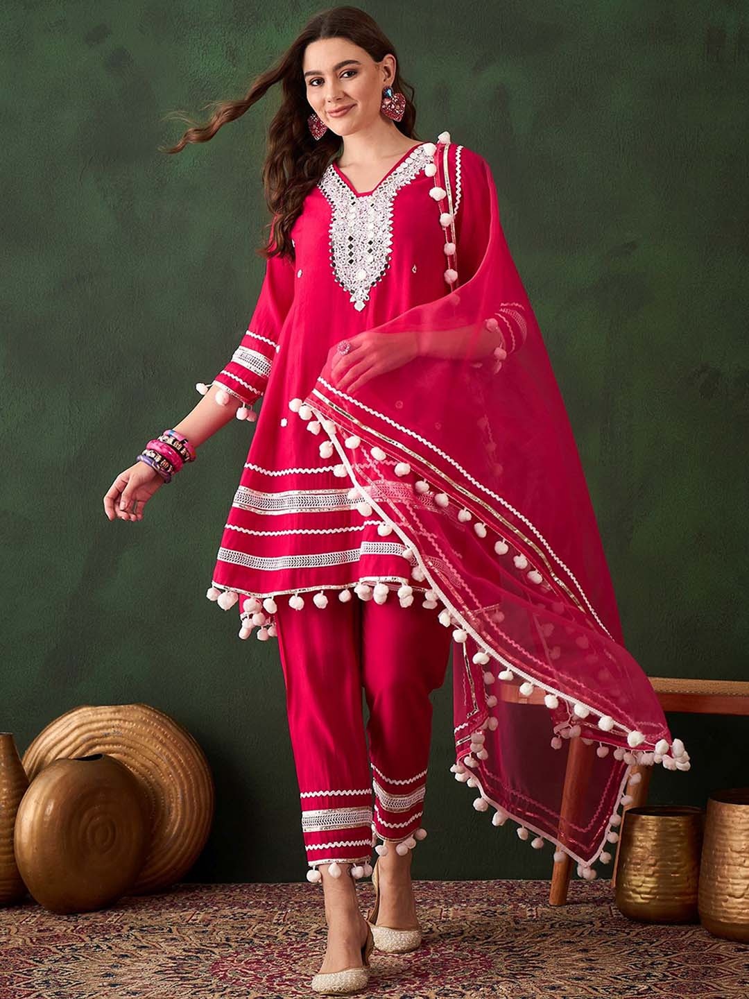 

Sangria Pink Floral Embroidered Mirror Work A-Line Kurta With Trousers & Dupatta