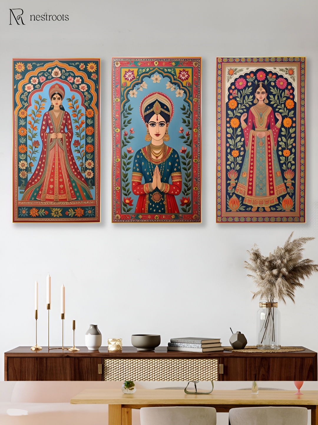 

nestroots Blue & Red 3 Pieces Elegant Indian Woman Canvas Wall Art