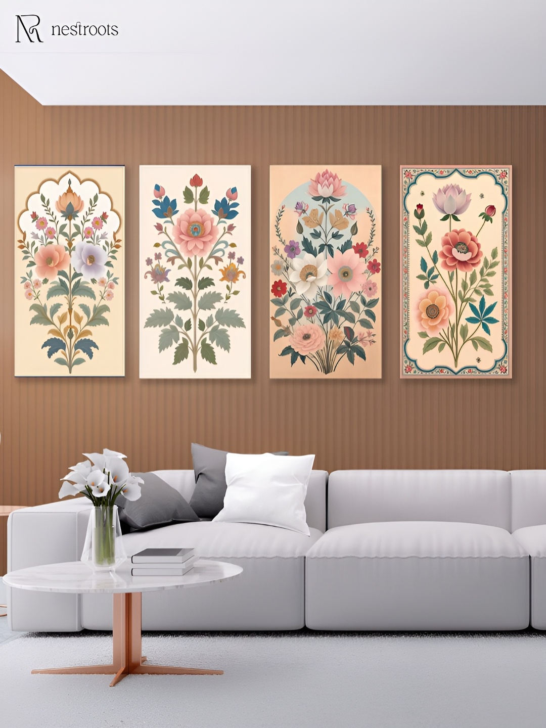 

nestroots Elegant Peach-Coloured & Green 4 Pieces Floral and Botanical Printed Wall Arts