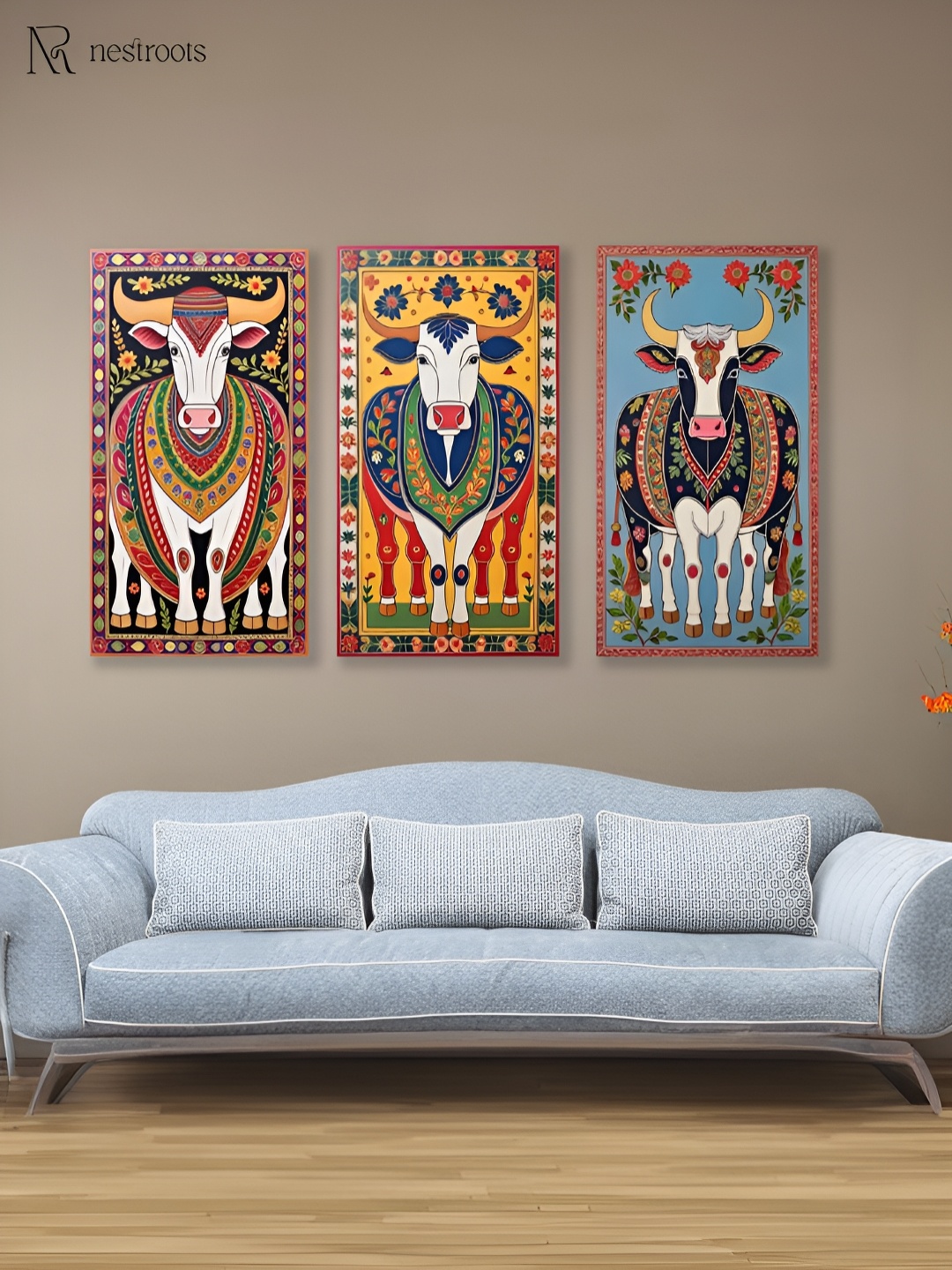 

nestroots Sacred Indian Cow Yellow & Blue 3 Pieces Canvas Painting Wall Arts