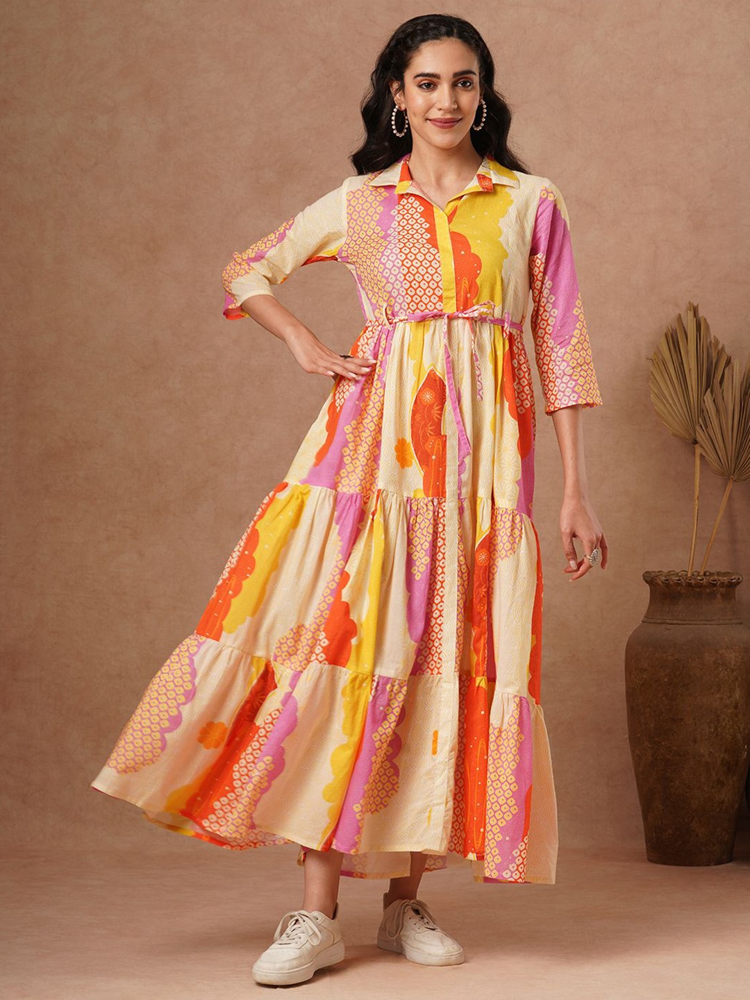 

FASHOR Women Cotton Printed A-Line Tiered Maxi Dress, Yellow