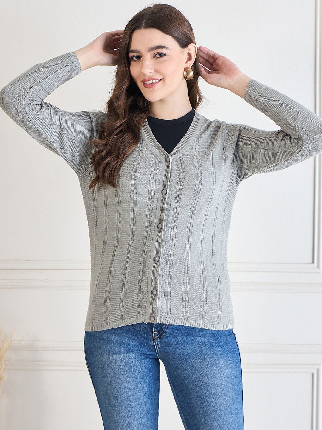 

CLAPTON Women V-Neck Striped Woollen Cardigan, Grey