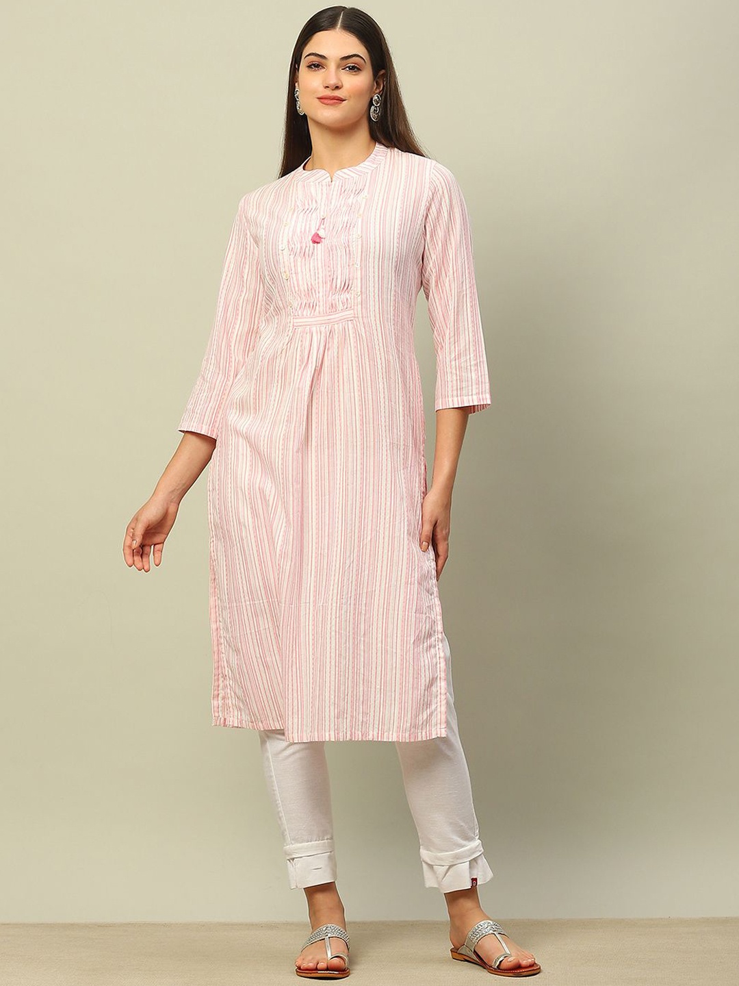 

Rangriti Striped Mandarin Collar Three-Quarter Sleeves Regular Pure Cotton Straight Kurta, Pink