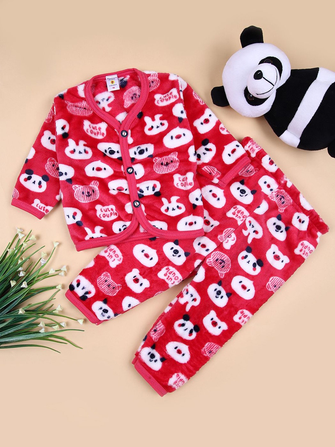 

V-Mart Kids Cartoon Characters Printed Round Neck Pure Cotton Shirt With Trousers, Red