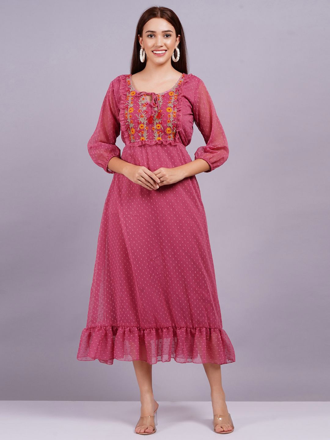 

BPT DESIGNER Embroidered Puff Sleeve Georgette Fit & Flare Midi Dress, Pink