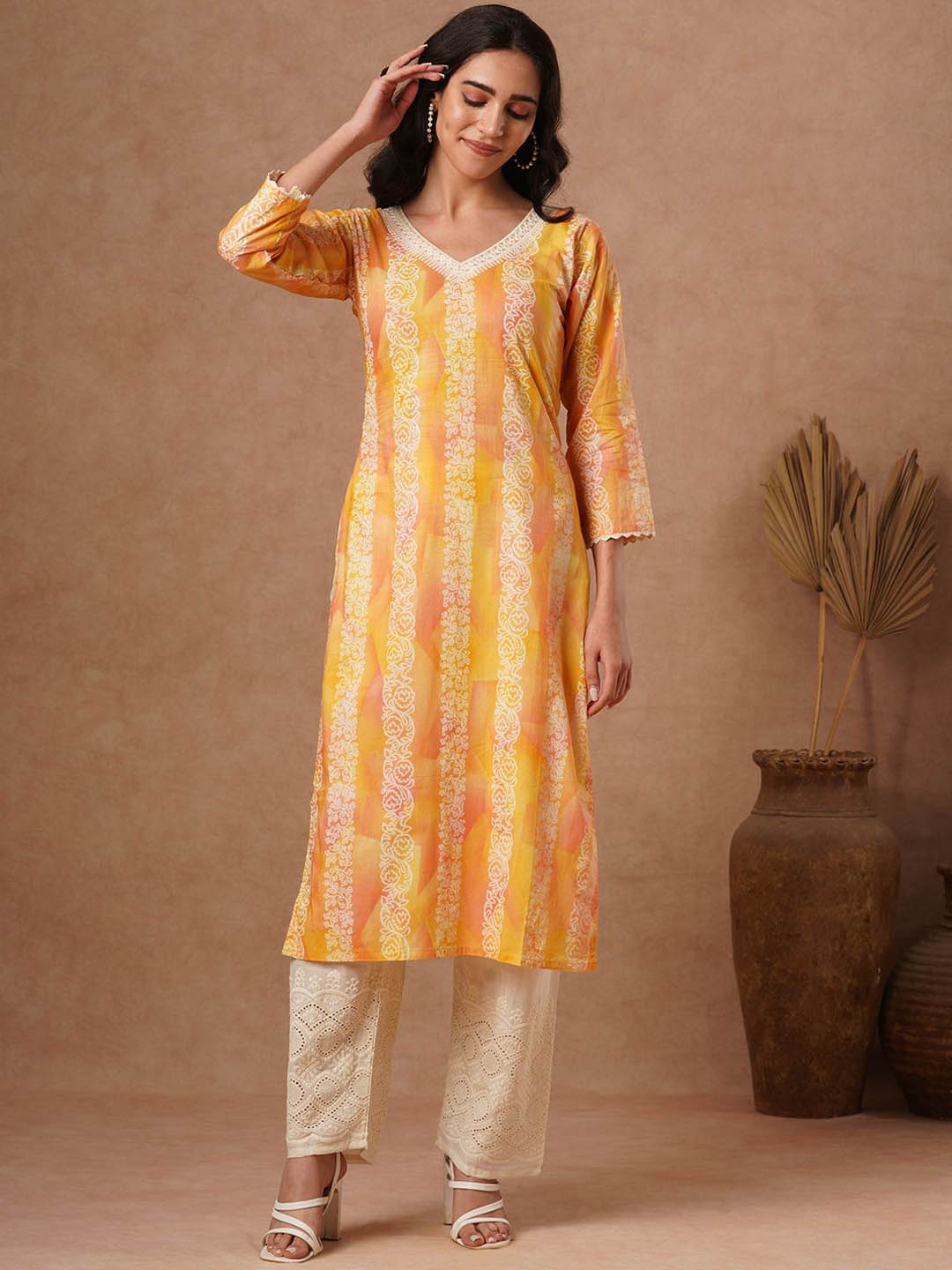 

FASHOR Floral Printed Sequinned Pure Cotton Straight Kurta With Trousers, Yellow