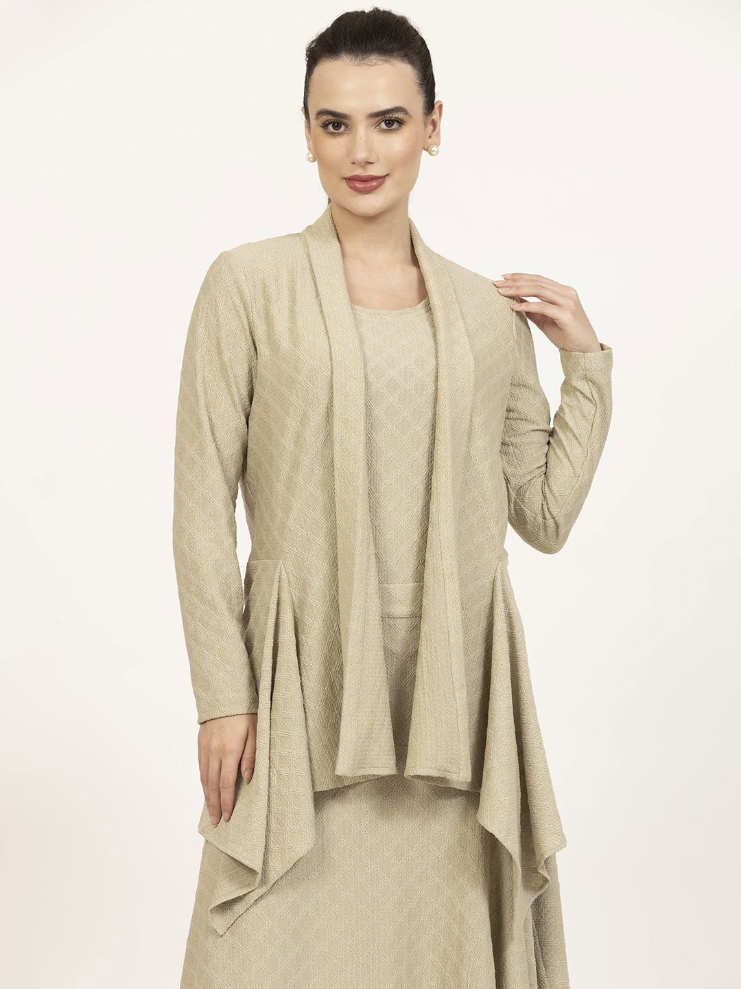 

OFFICE & YOU Self Design Textured Open Front Shrug, Beige