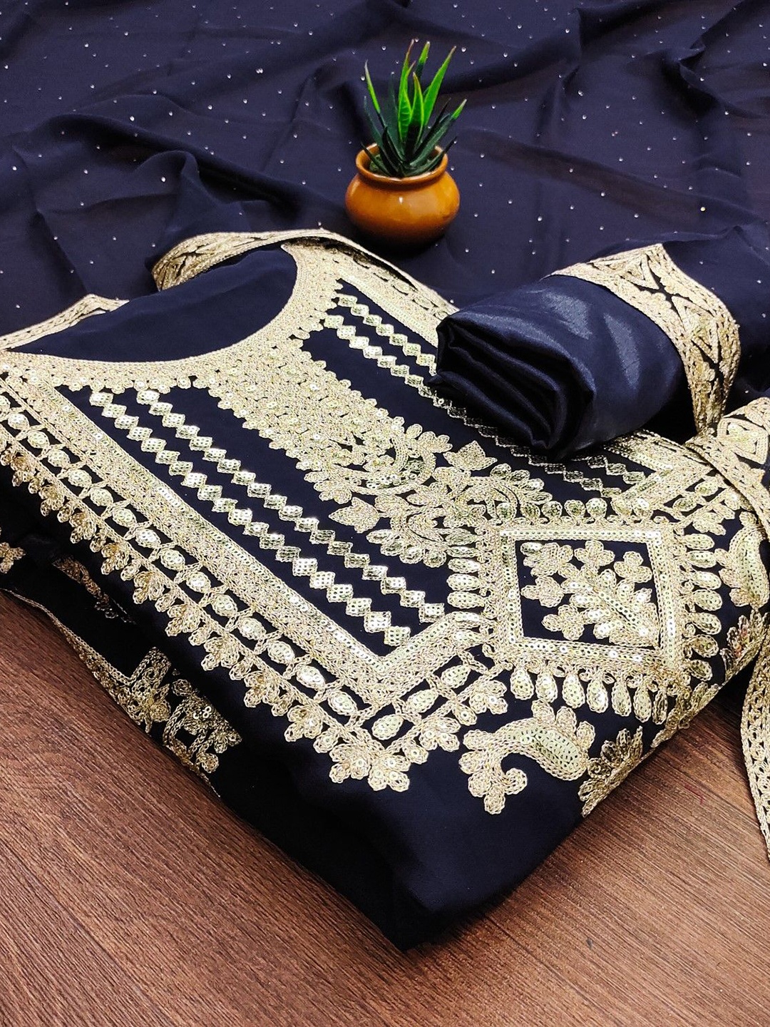 

KALINI Floral Embroidered Sequinned Georgette Unstitched Dress Material, Navy blue