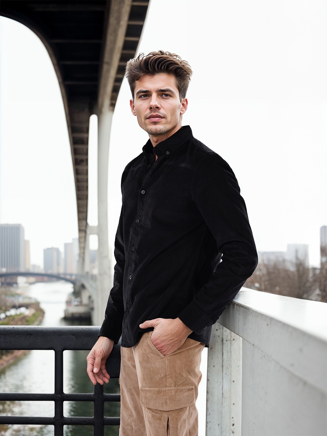 

Celio Men Classic Button-Down Collar Solid Cotton Casual Shirt, Black