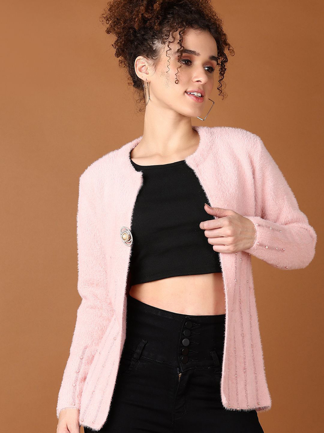 

V-Mart Women Self Design Cardigan Sweaters, Pink