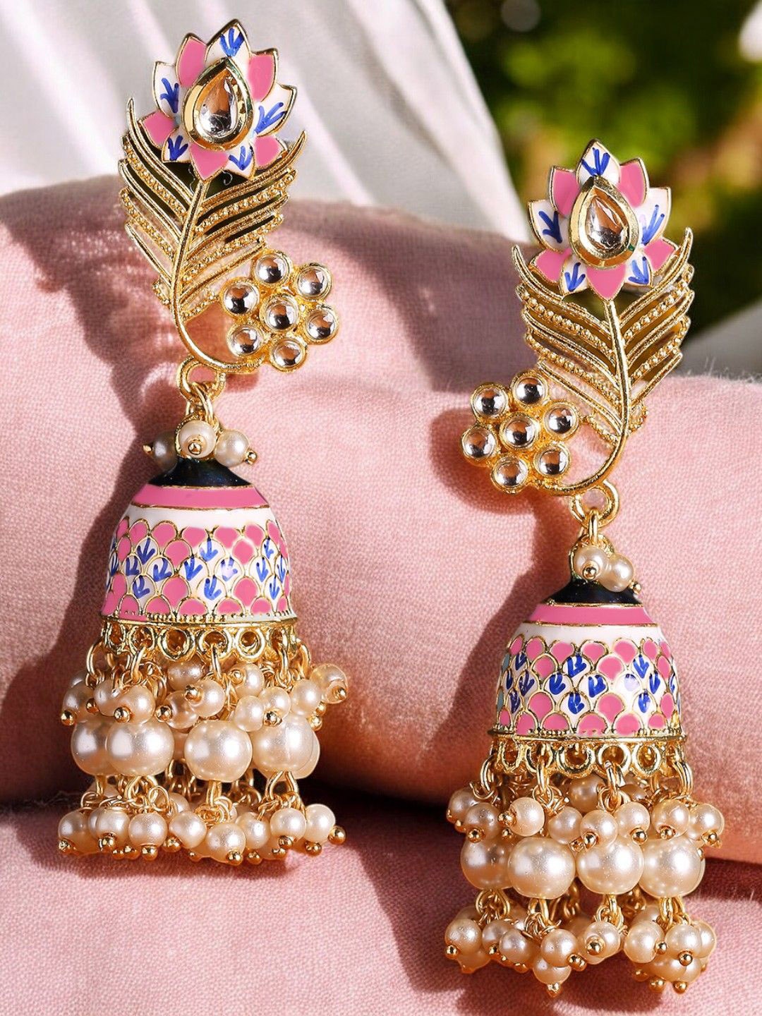 

OOMPH Kundan Studded Dome Shaped Meenakari Jhumkas, Pink