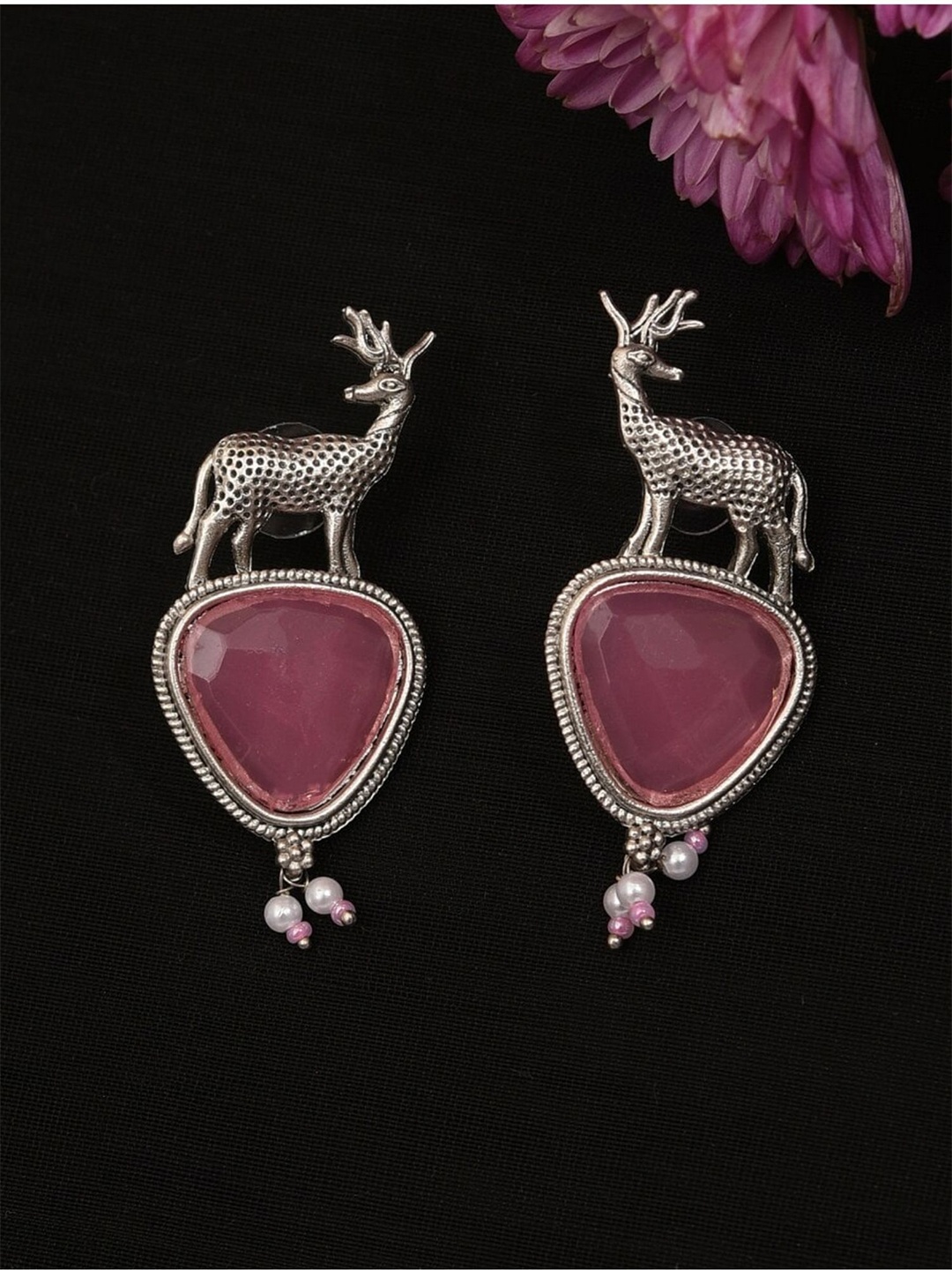 

ABDESIGNS Silver Plated Stone Studded & Beaded Classic Drop Earrings