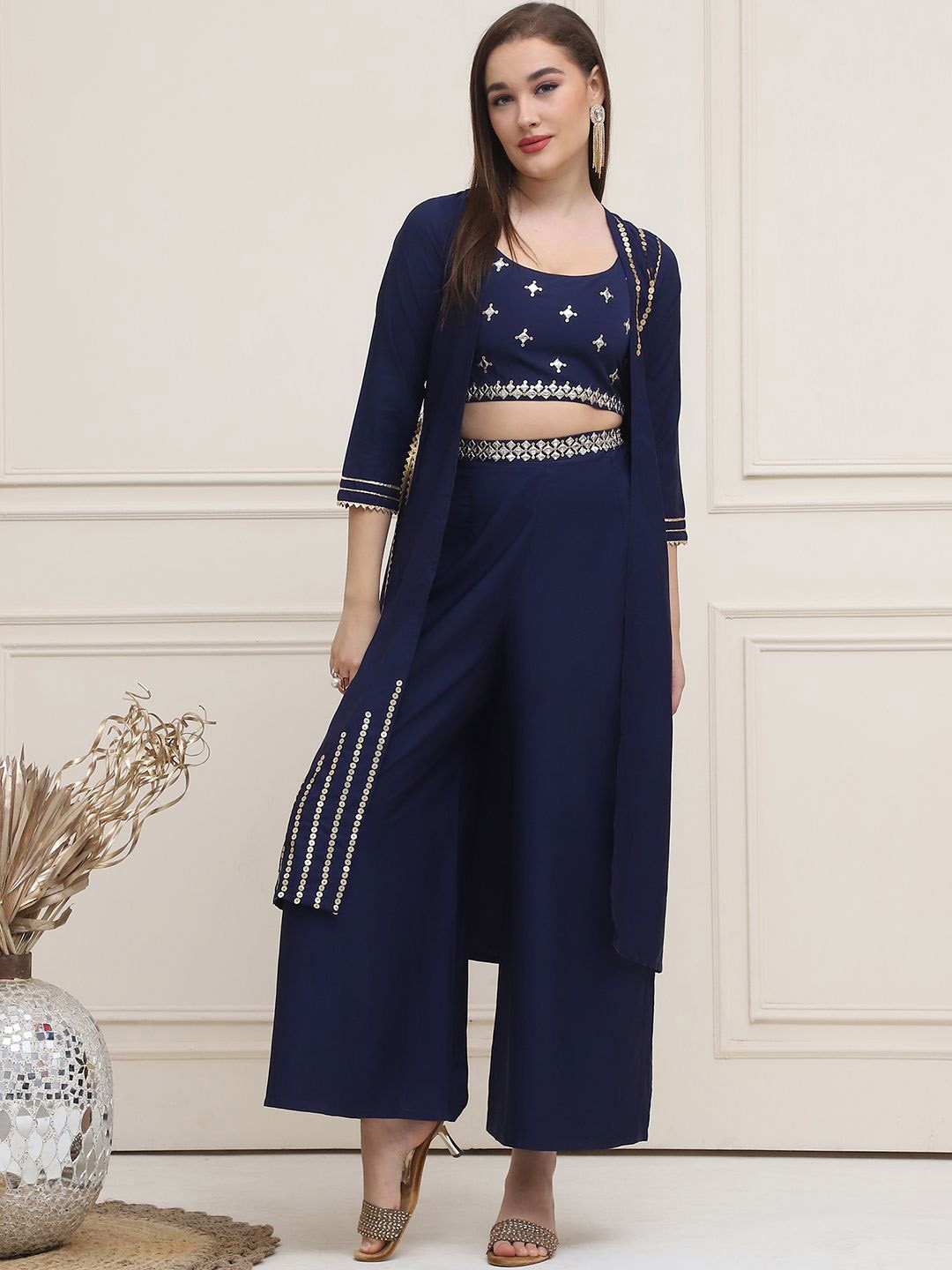 

Purple State Embellished Shoulder Straps Neck Sleeveless Top With Palazzos & Shrug, Navy blue