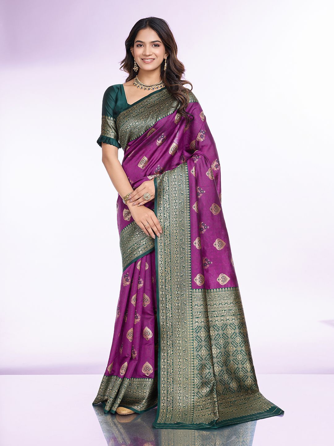 

RICH & ROMAN Ethnic Motifs Woven Design Zari Pure Silk Banarasi Saree, Purple