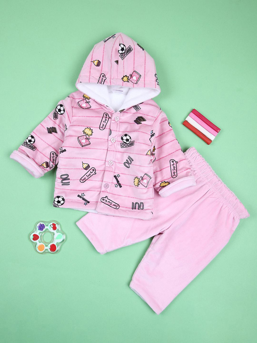 

V-Mart Unisex Kids Graphic Printed Hooded Casual Pure Cotton Shirt With Capris, Pink