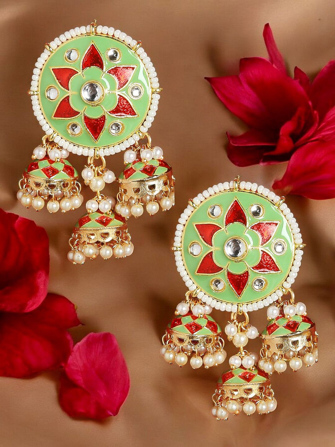 

OOMPH Kundan Studded Dome Shaped Meenakari Jhumkas, Green