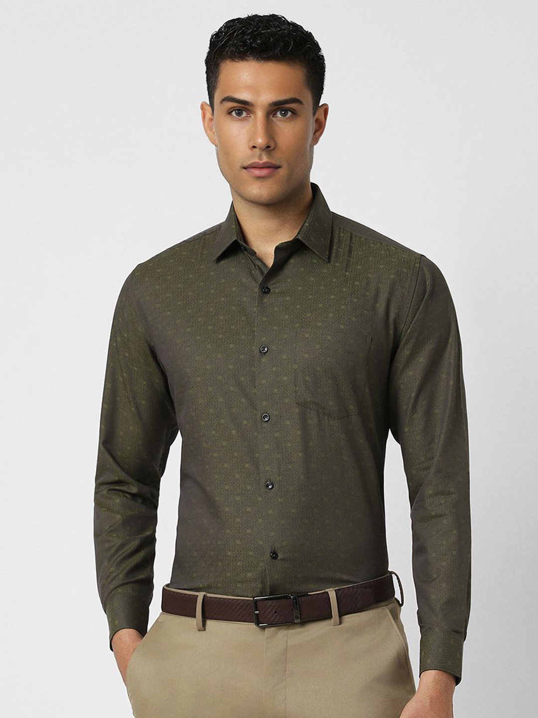 

Van Heusen Men Spread Collar Abstract Printed Cotton Slim Fit Formal Shirt, Olive