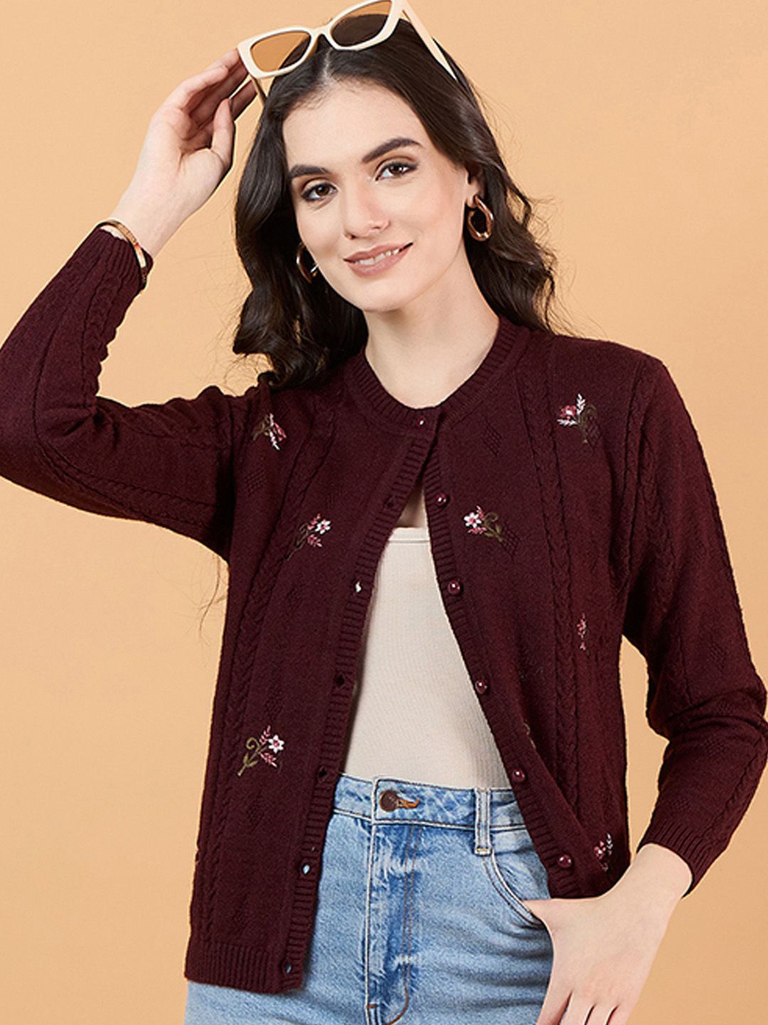 

CLAPTON Women Floral Woollen Long Sleeves Cardigan, Maroon