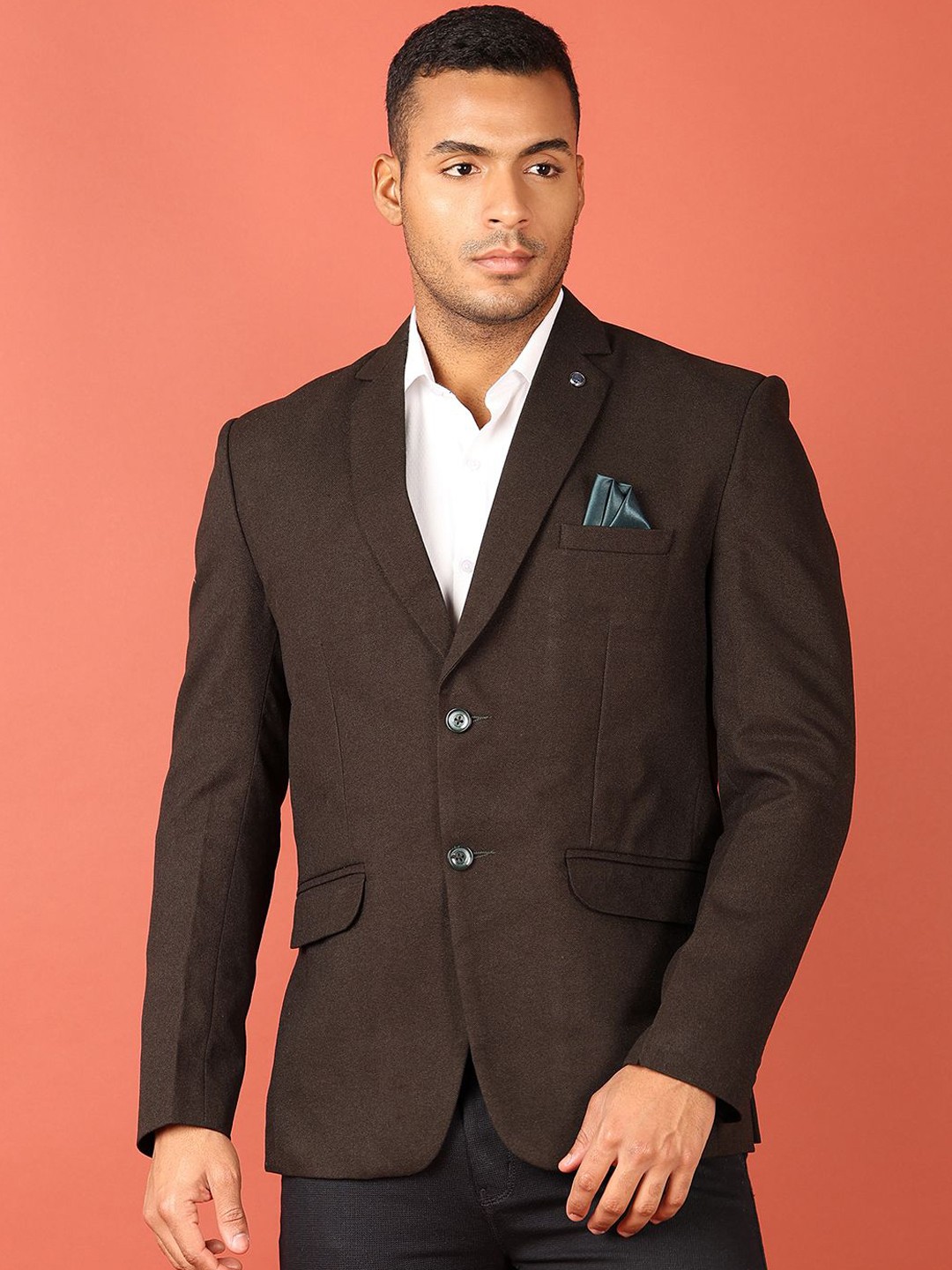 

V-Mart Notched Lapel Collar Cotton Single-Breasted Blazer, Brown