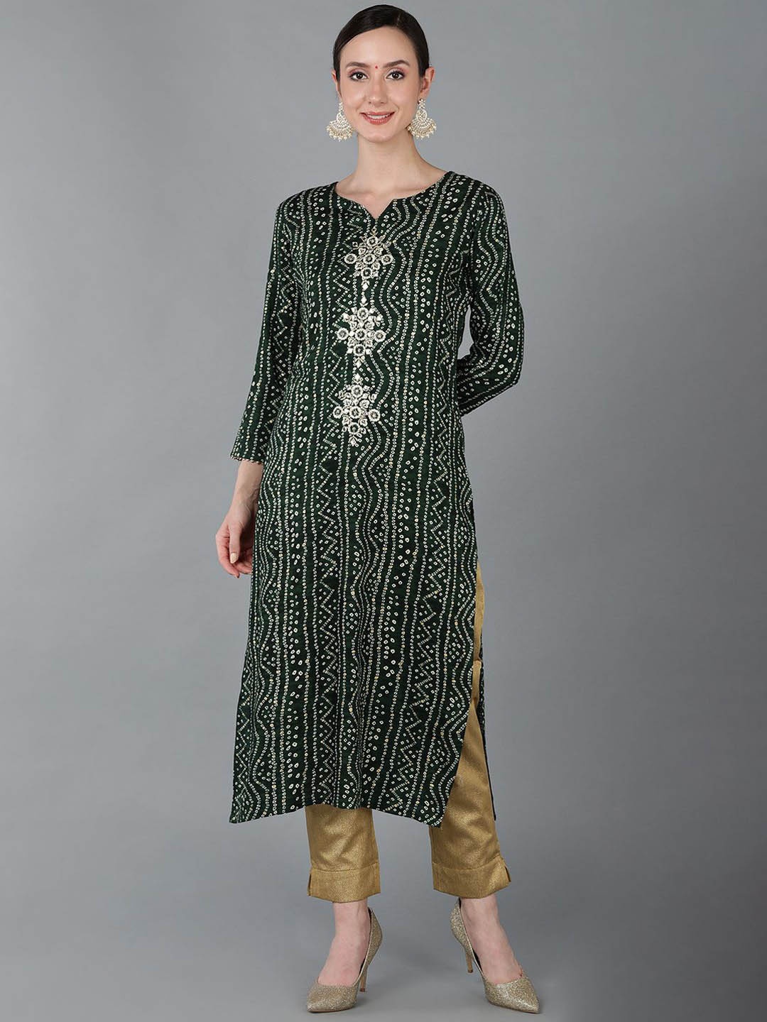 

AHIKA Bandhani Printed Thread Work Regular Straight Kurta, Green