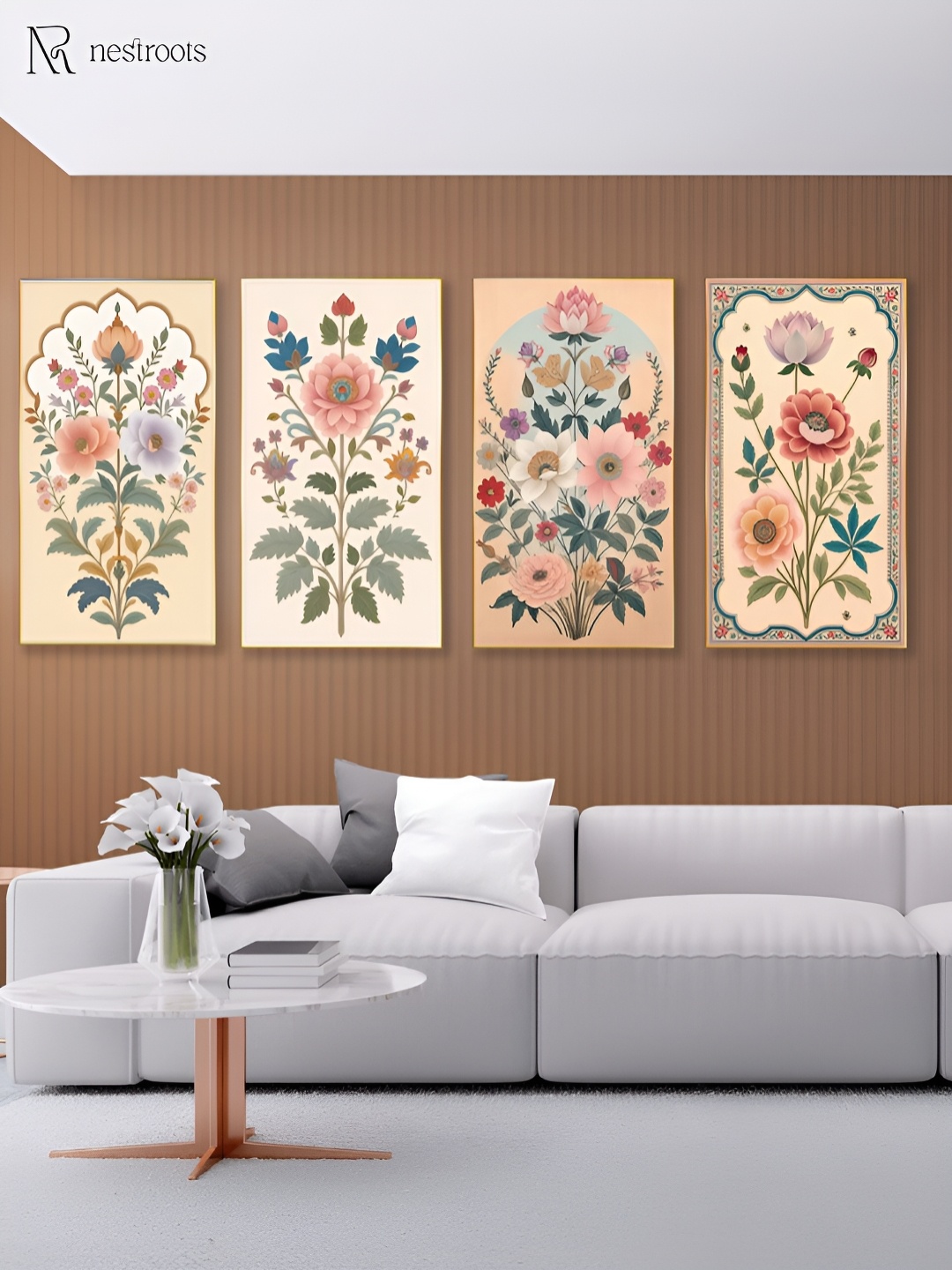 

nestroots Elegant Flora Peach & Green 4 Pieces Floral Printed Canvas Wall Art