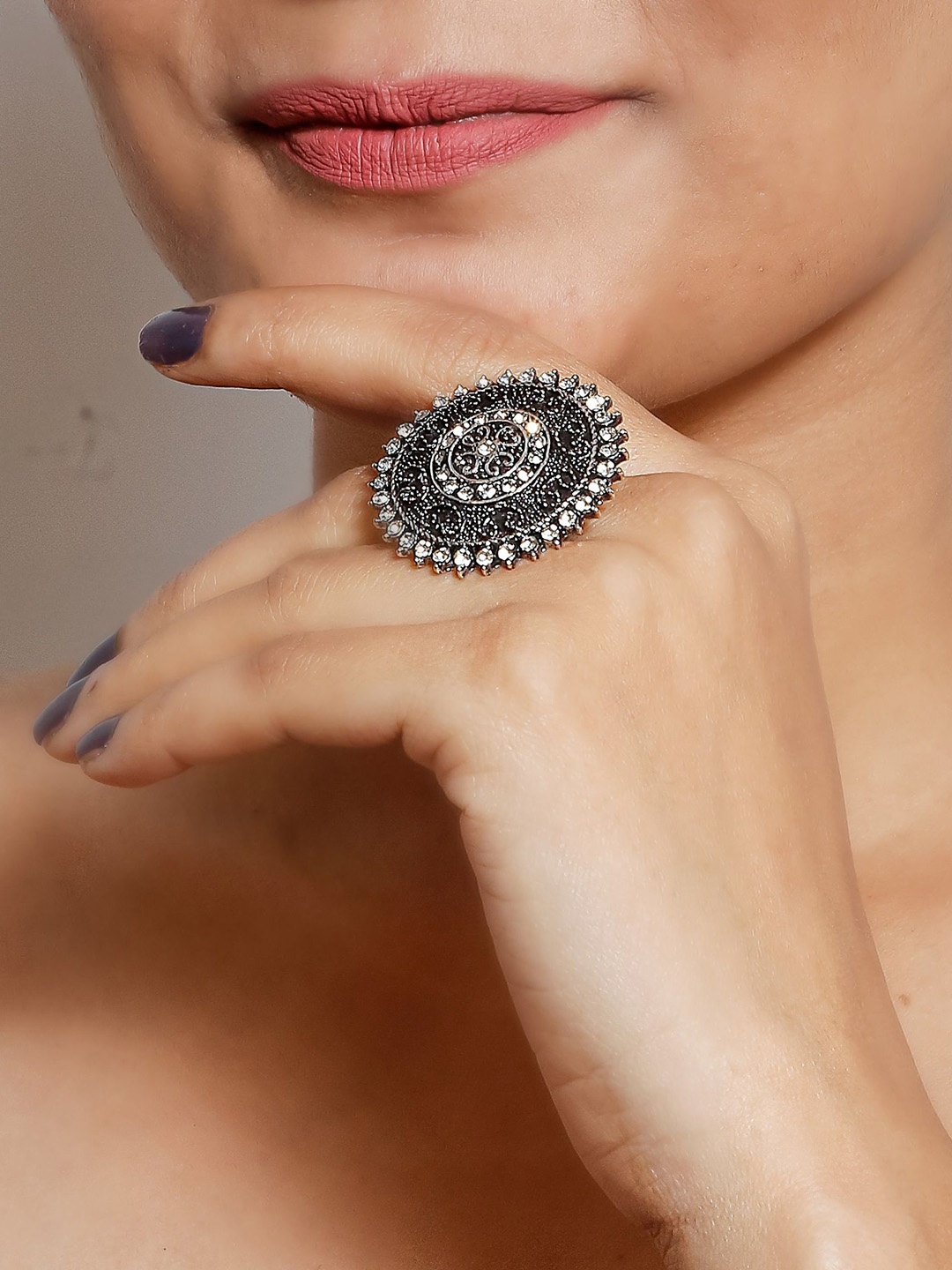 

Kord Store Oxidised Mandala Stone Studded Finger Ring, Silver