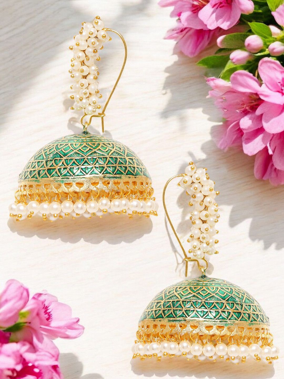 

OOMPH Beaded Meenakari Dome Shaped Jhumkas, Green