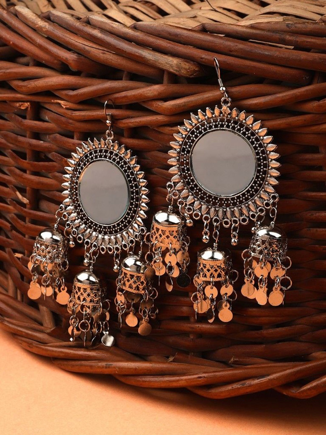 

CARDINAL Oxidised & MIrror Dome Shaped Jhumkas, Silver