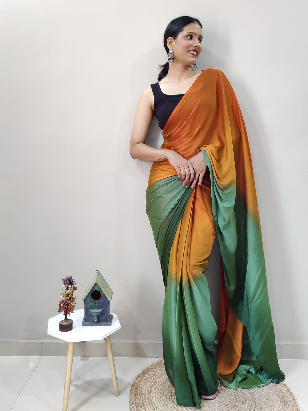 

V3 FASHION STUDIO Ombre Satin Ready to Wear Jamdani Saree, Orange