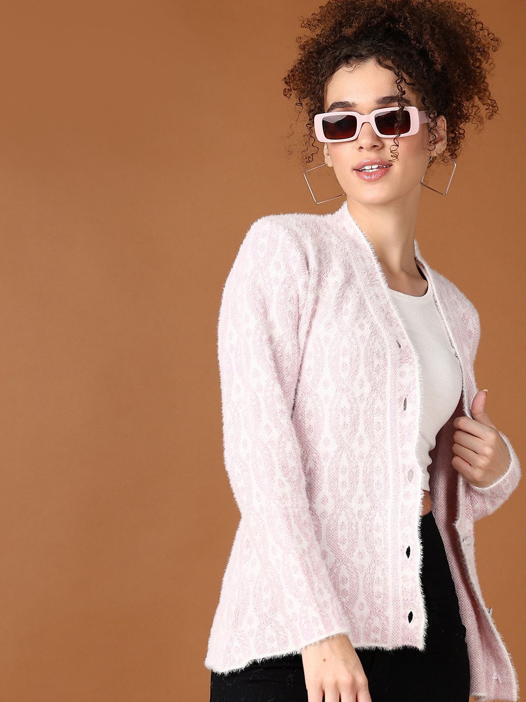 

V-Mart Women Self Design Cable Knit Cotton Cardigan Sweater, Rose