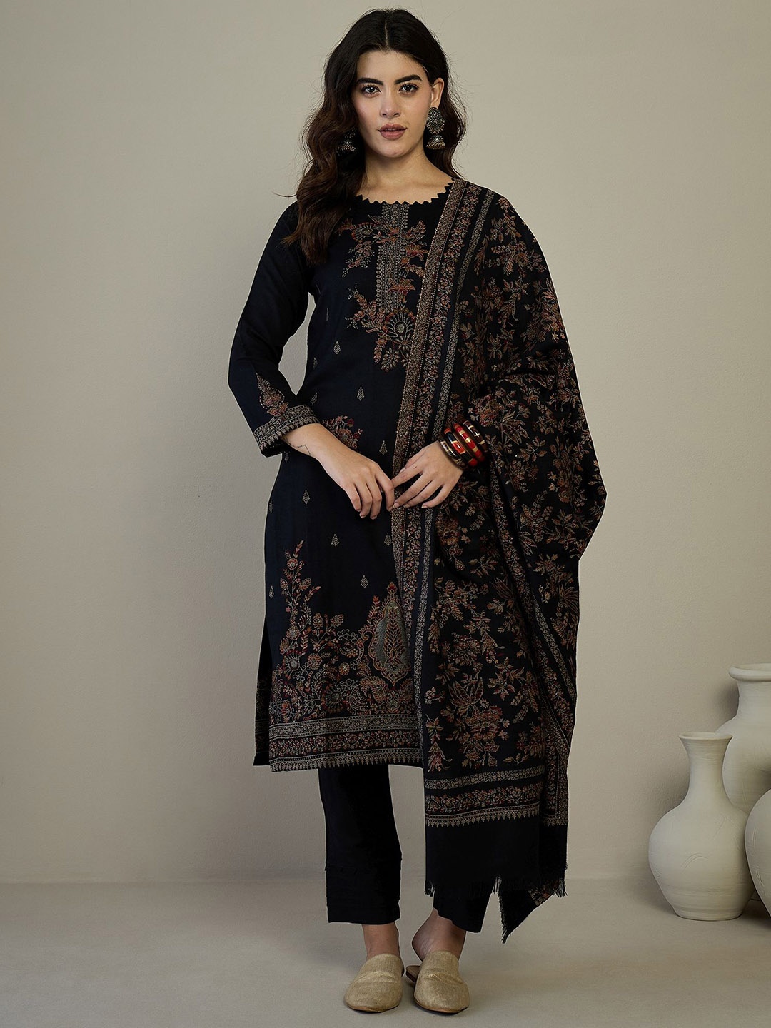 

HK colours of fashion Ethnic Motifs Woven Design Pashmina Unstitched Dress Material, Black