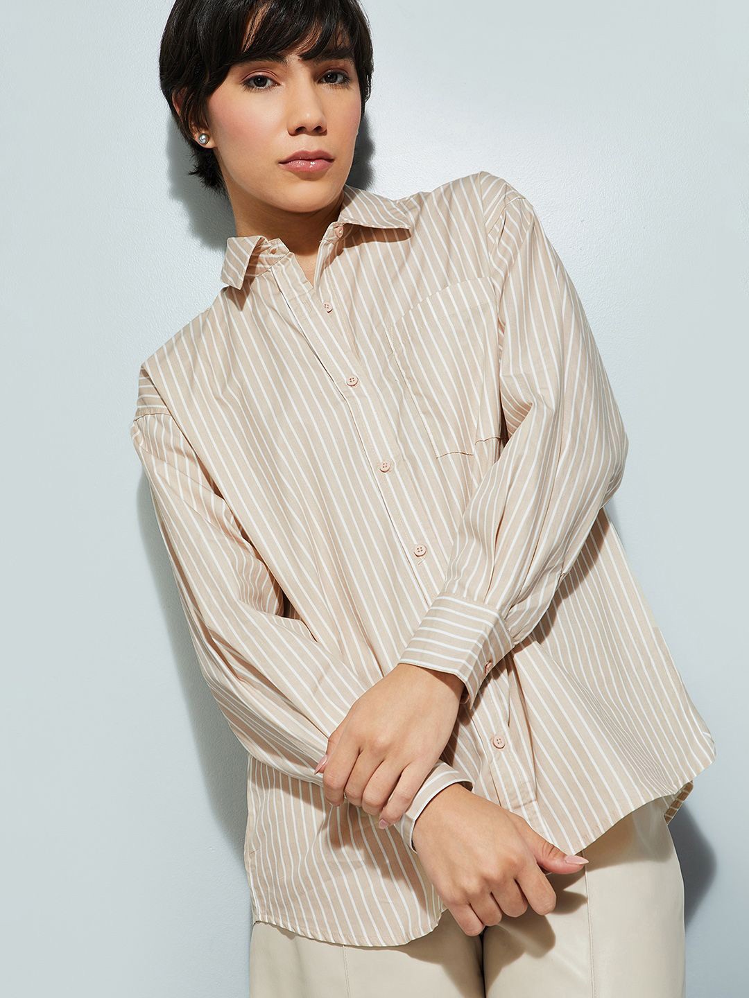 

max Women Spread Collar Vertical Striped Cotton Casual Shirt, Beige