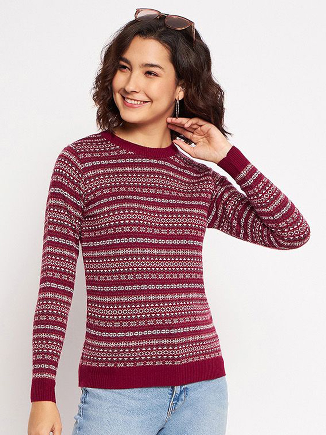 

CLAPTON Women Printed Woollen Pullover, Maroon