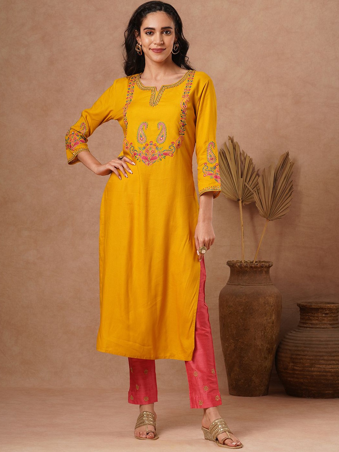 

FASHOR Ethnic Motifs Yoke Design Round Neck Thread Work Straight Kurta, Yellow