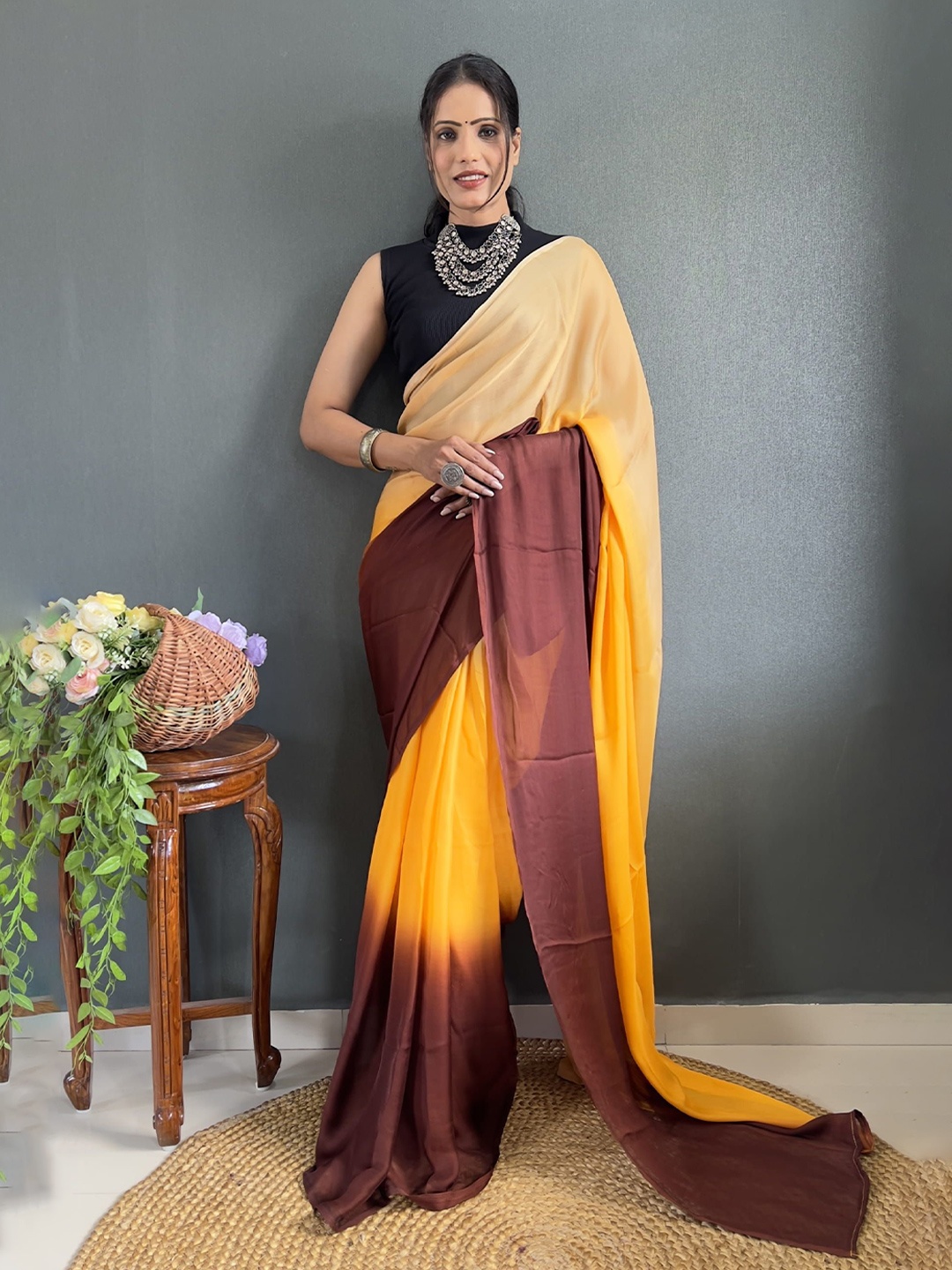 

V3 FASHION STUDIO Pure Crepe Ready to Wear Saree, Orange