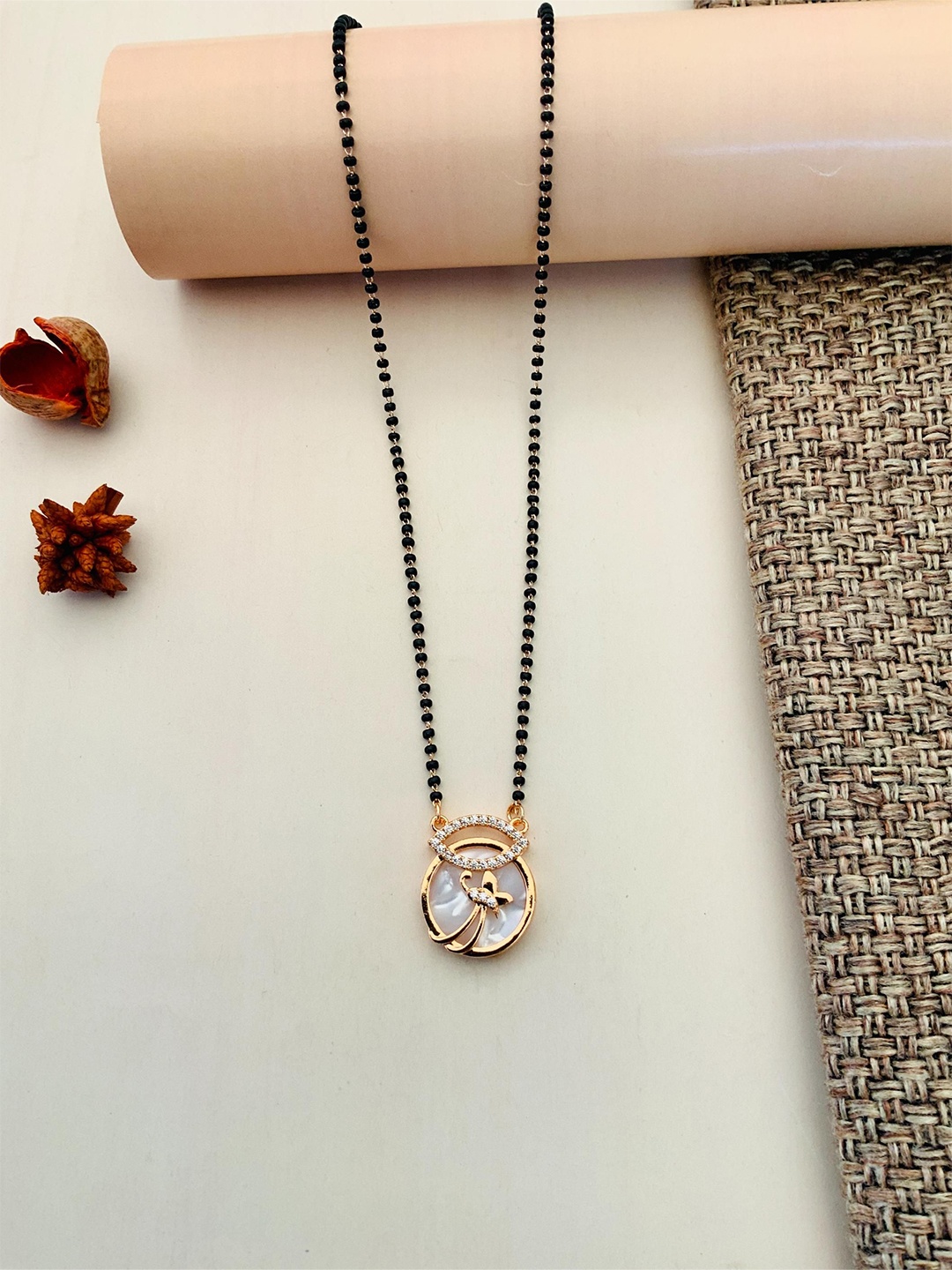

ABDESIGNS Rose Gold-Plated AD Stone Studded & Mother Pearl Beaded Mangalsutra