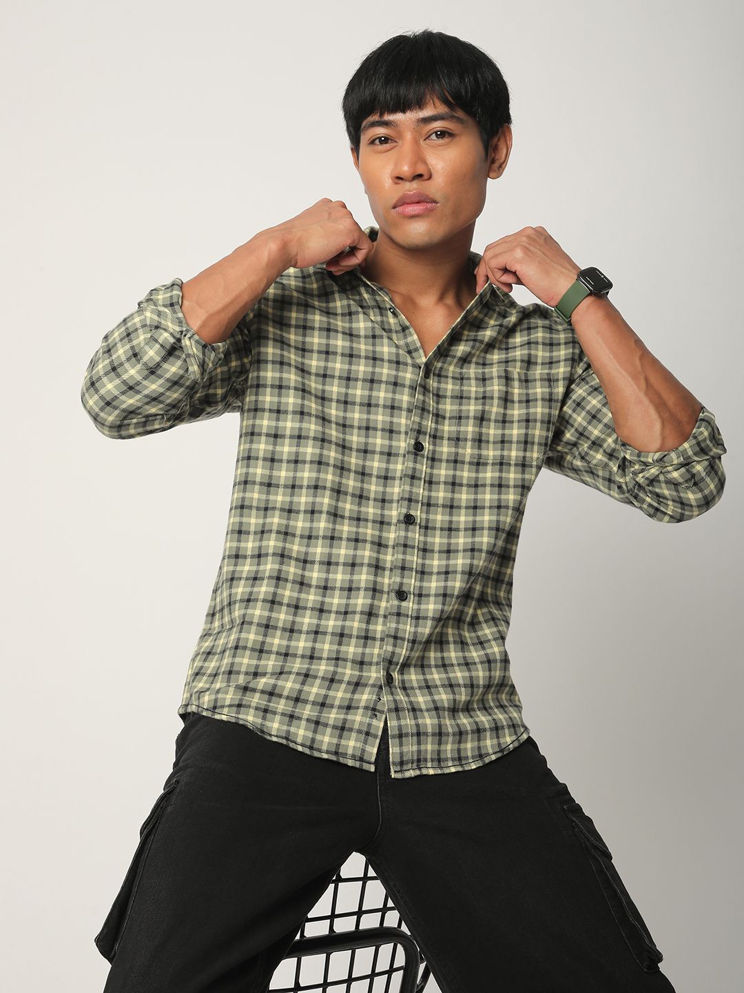 

R&B Men Spread Collar Tartan Checked Cotton Casual Shirt, Green