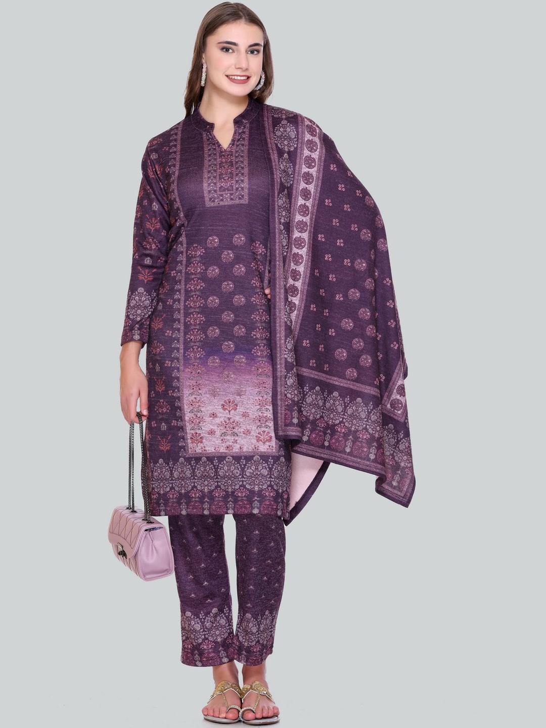 

Melvin Floral Printed Sequinned Mandarin Collar Straight Kurta With Trouser & Dupatta, Purple