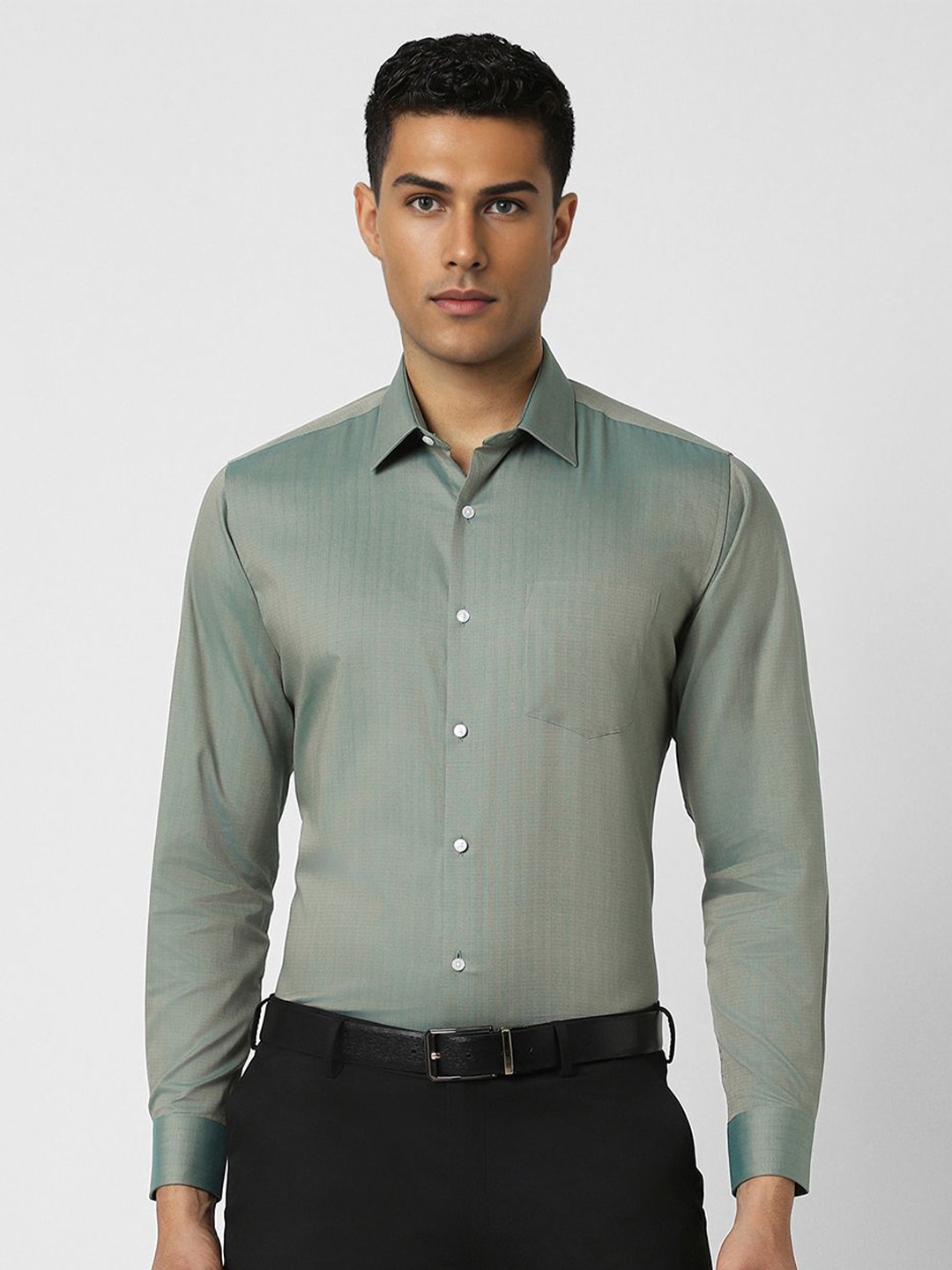 

Van Heusen Men Spread Collar Textured Cotton Slim Fit Formal Shirt, Green