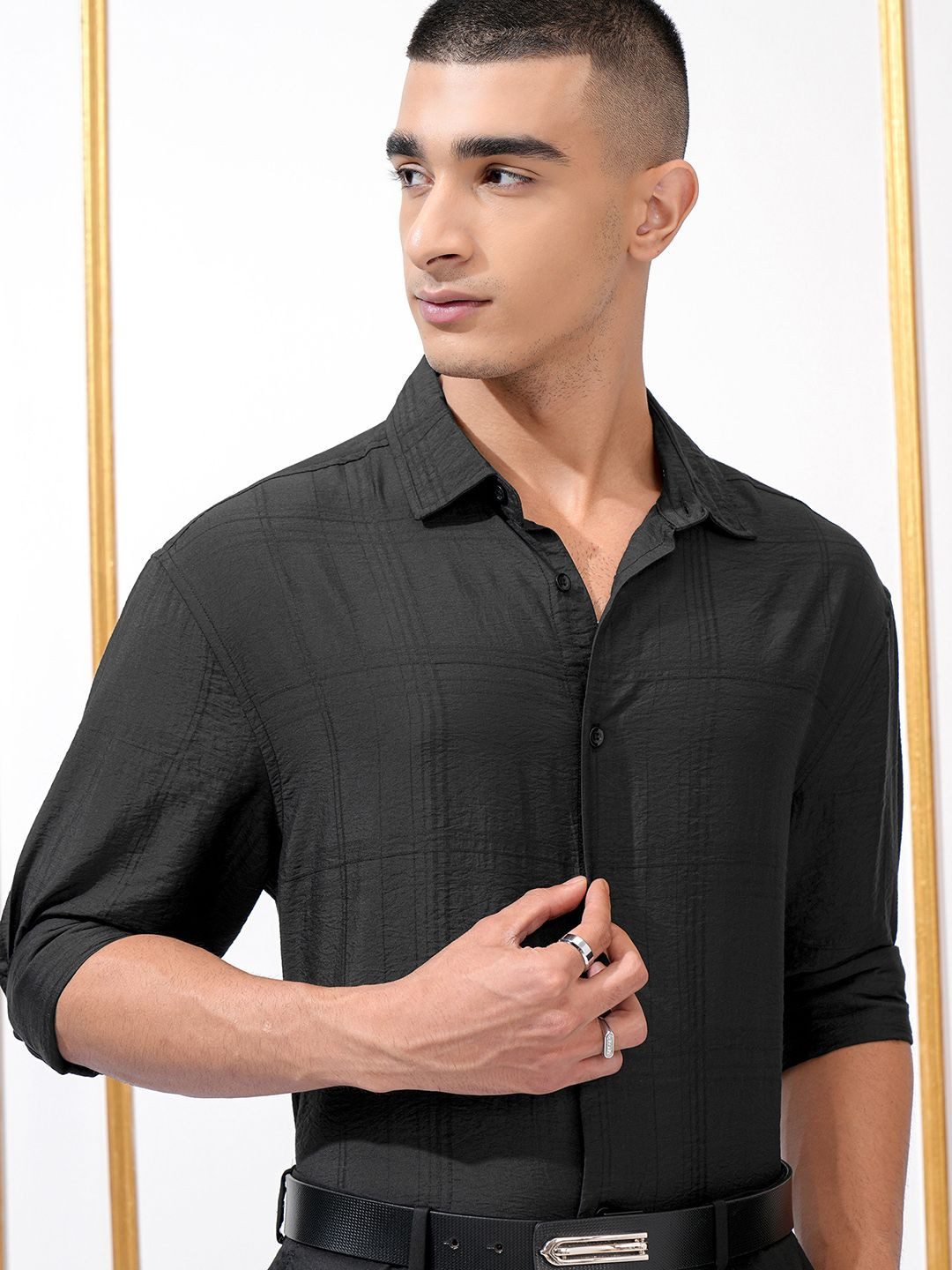 

Highlander Men Jacquard Textured Slim Fit Checked Shirt, Black