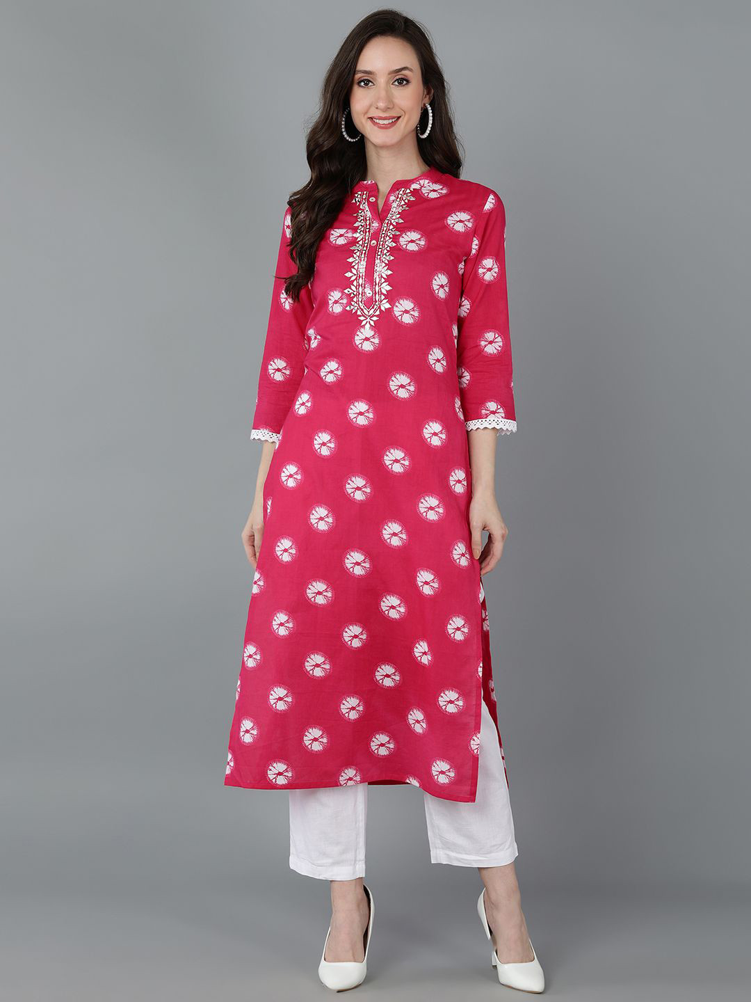 

AHIKA Pink & White Floral Printed Mandarin Collar Mirror Work Pure Cotton Straight Kurta
