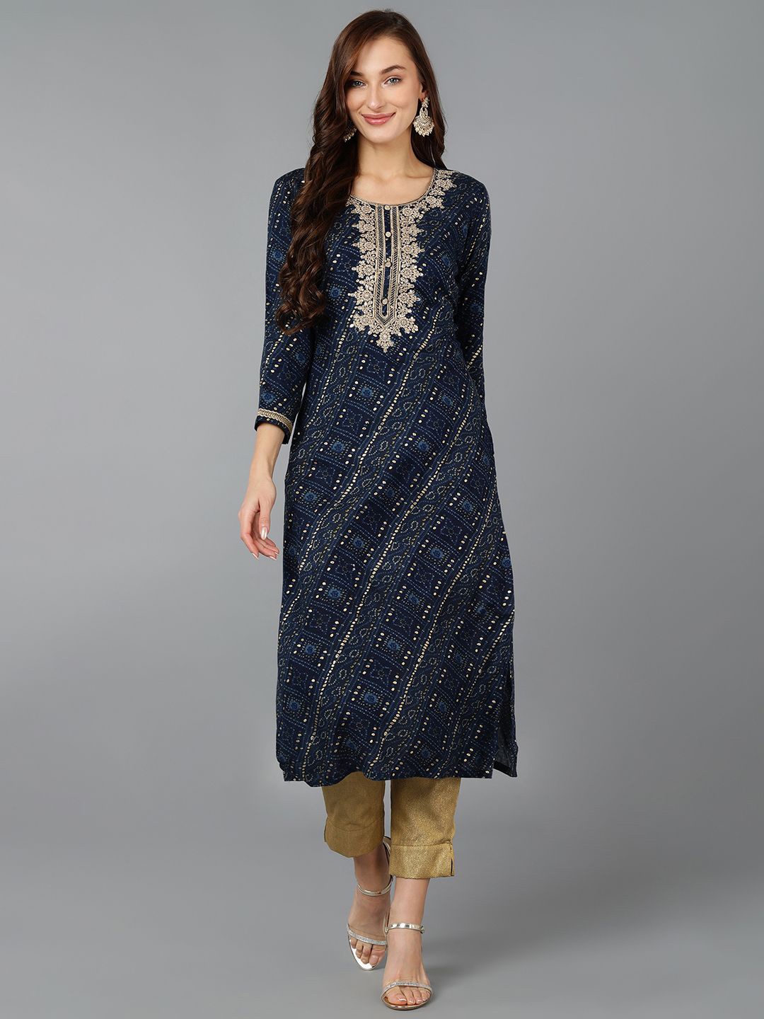 

AHIKA Bandhani Printed Sequinned Straight Kurta, Navy blue