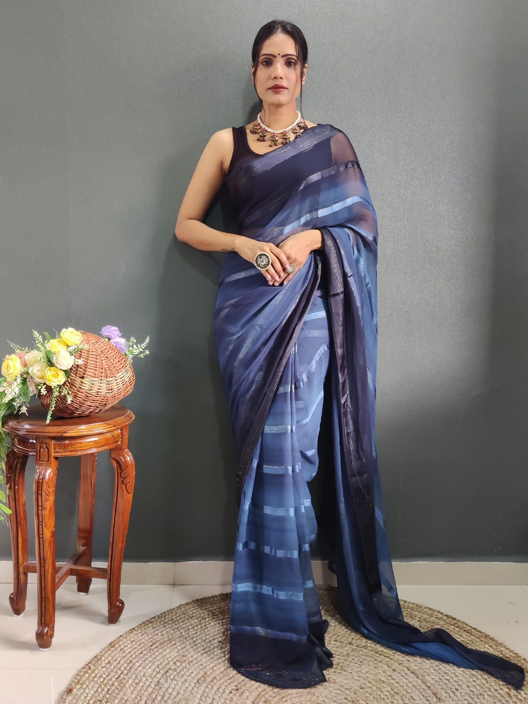 

V3 FASHION STUDIO Striped Pure Chiffon Ready to Wear Saree, Blue