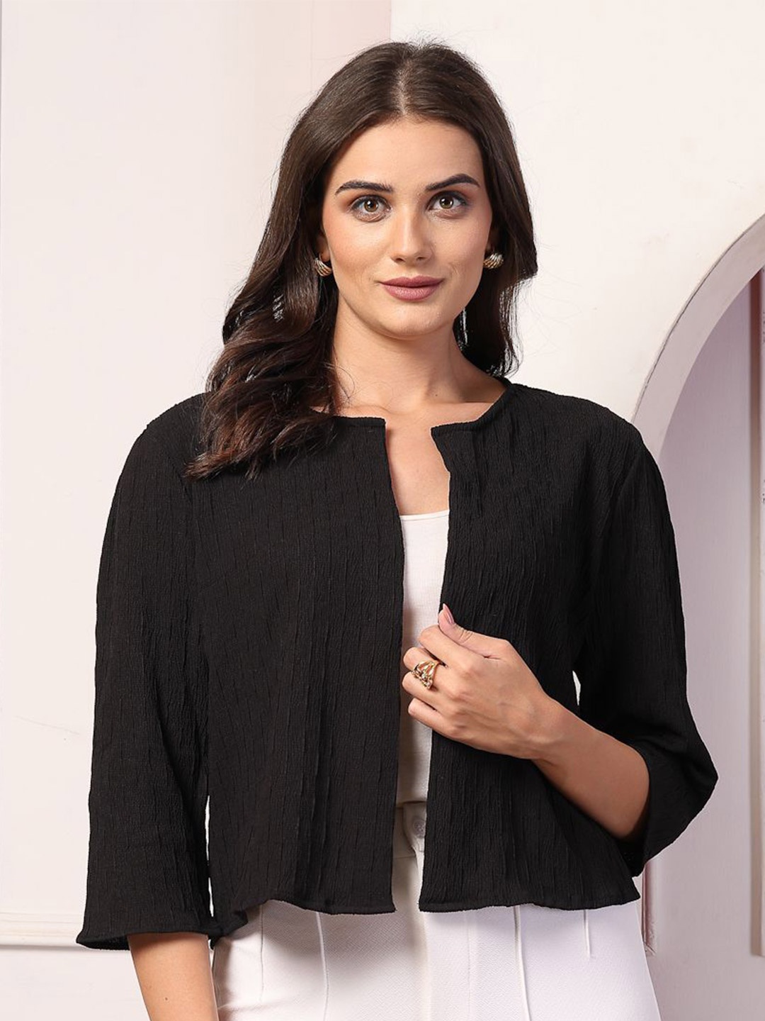 

Style Quotient Geometric Self Design Crop Open Front Shrug, Black