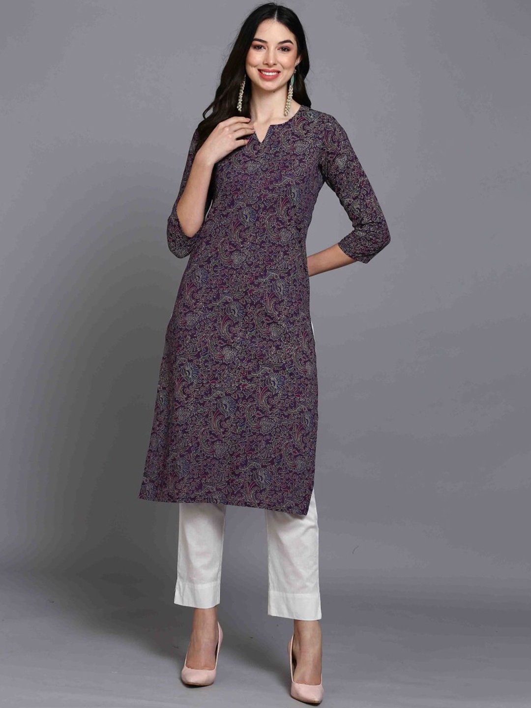 

AHIKA Ethnic Motifs Printed Round Neck Straight Cotton Kurta, Purple