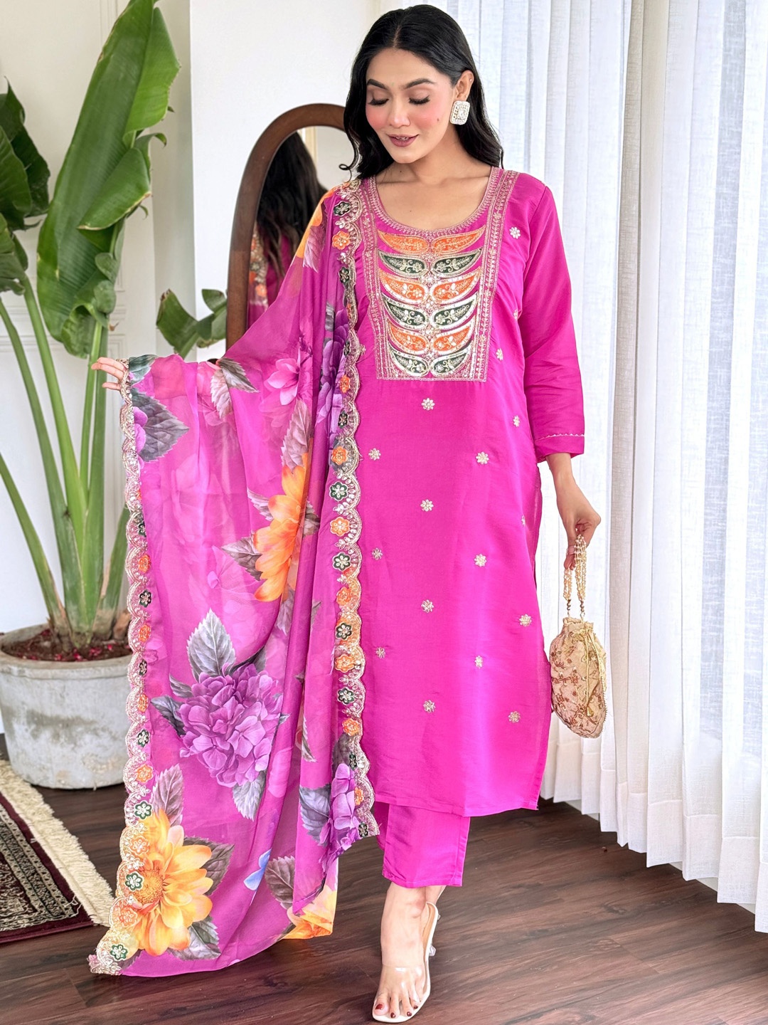 

KALINI Floral Embroidered Thread Work Chanderi Silk Kurta with Trouser & Dupatta, Pink