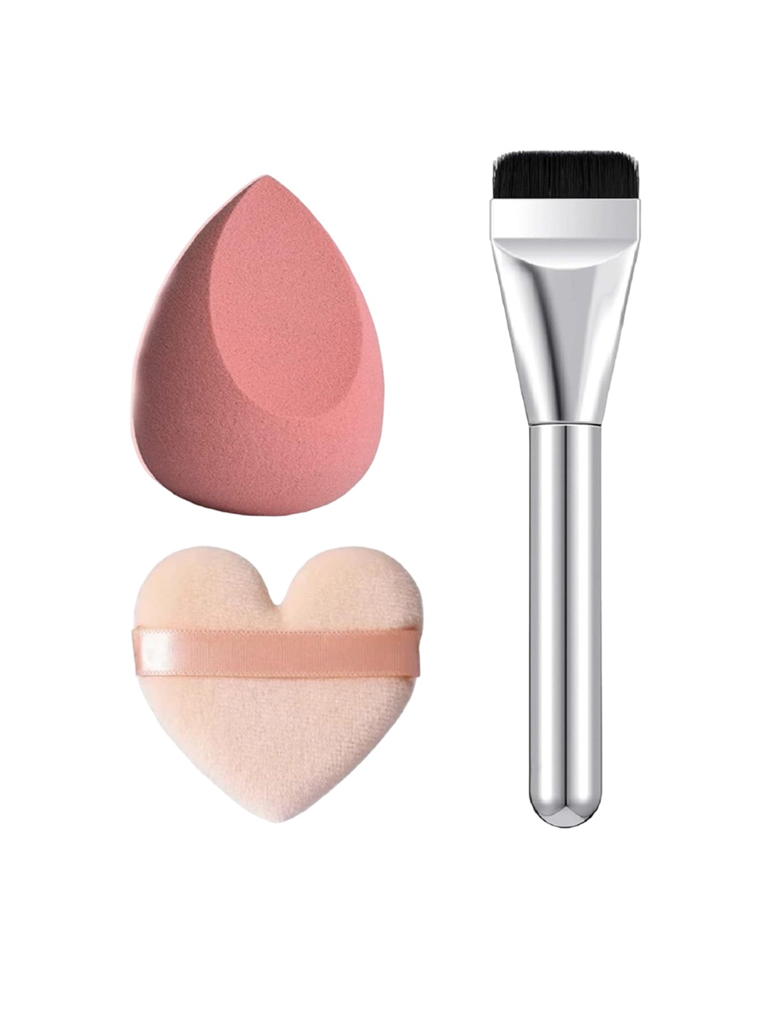 

Facejewel Set Of 3 Makeup Brush With Big Heart Puff & Blender, Silver