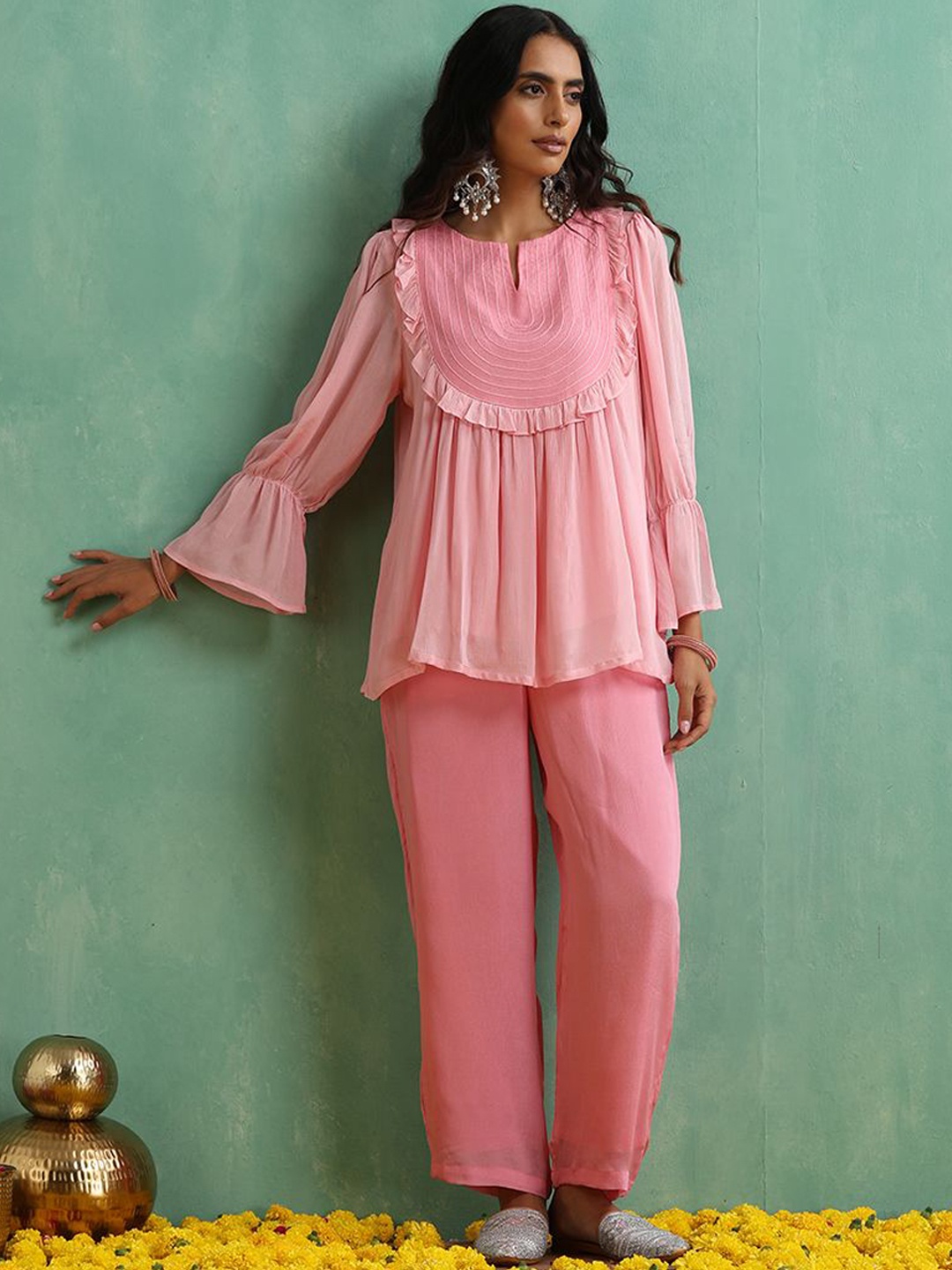 

indy Raaga Notch Neck Top With Trouser, Pink