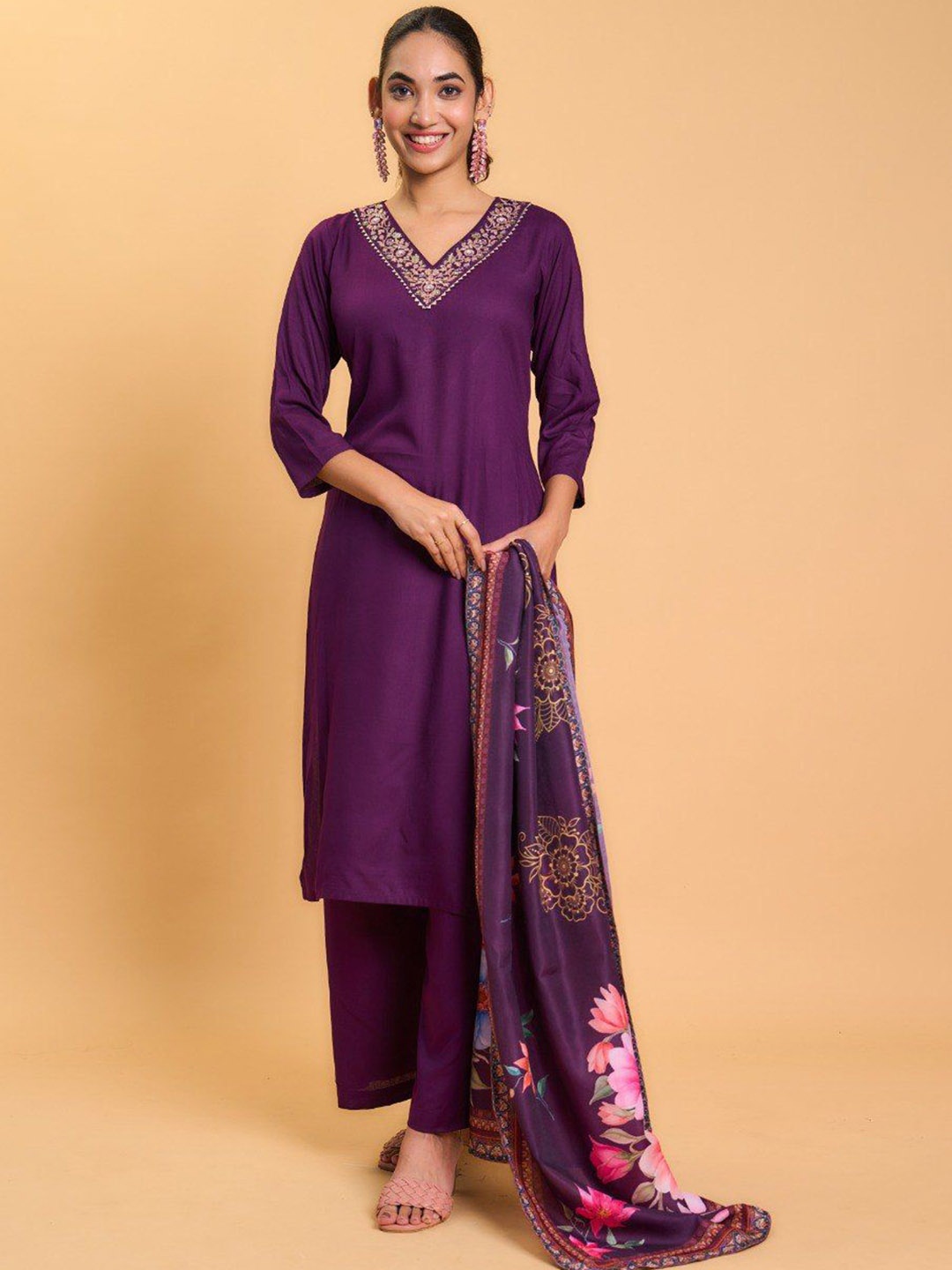 

APNISHA Embroidered Regular Chanderi Silk Straight Kurta with Trousers & Dupatta, Purple