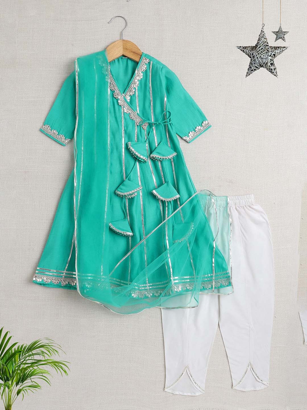 

The Magic Wand Girls Gotta Patti A Line Kurta with Trousers & With Dupatta, Sea green